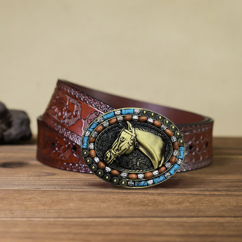 Men's DIY Horse Head Turquoise Buckle Leather Belt - Bronze - Brown Carved Belt (40) - image 14