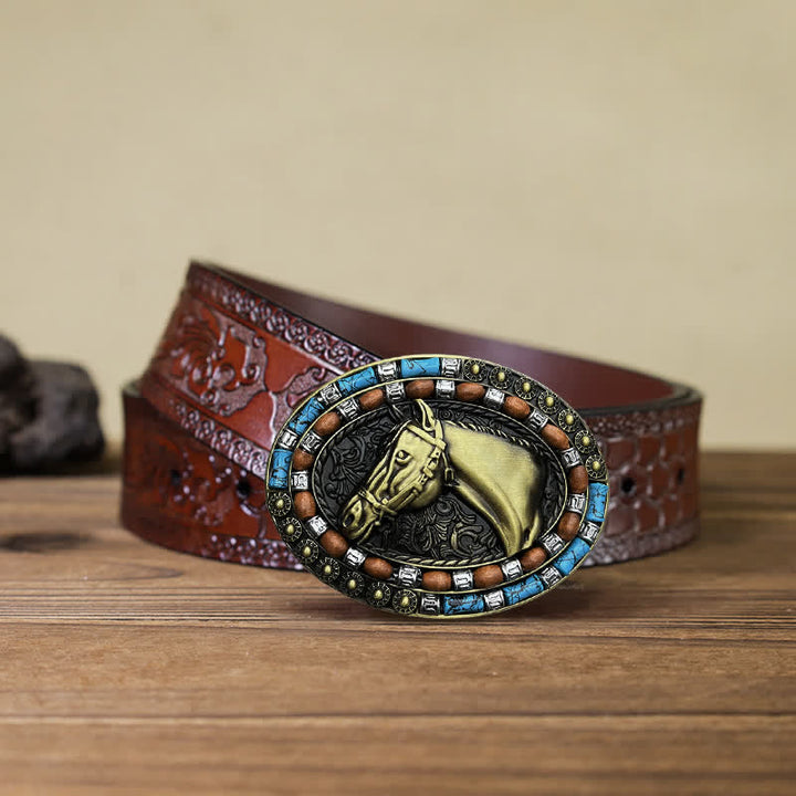 Men's DIY Horse Head Turquoise Buckle Leather Belt - Bronze - Brown Carved Belt (40) - image 14