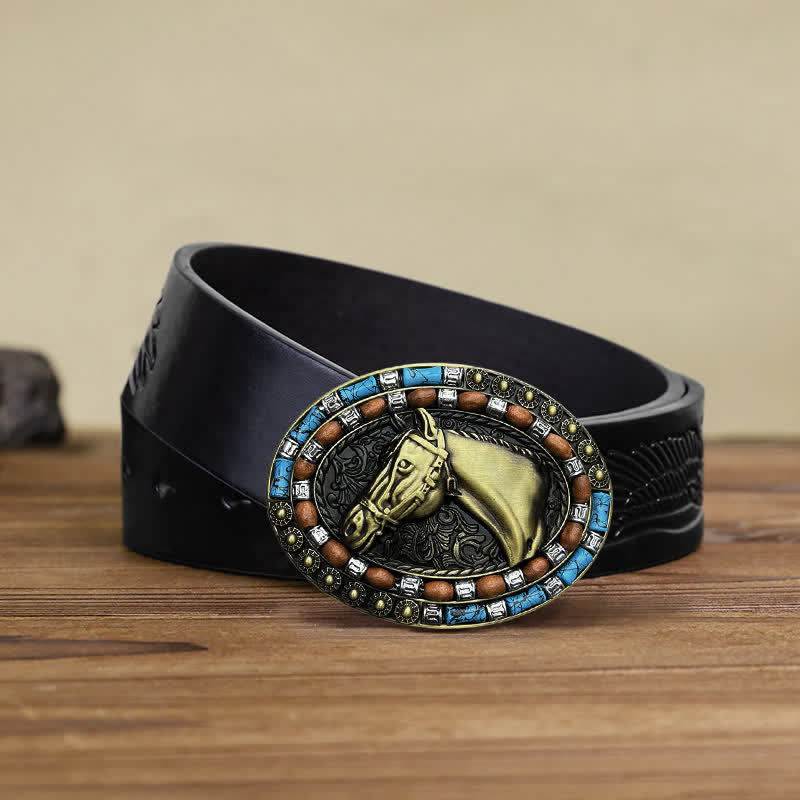 Men's DIY Horse Head Turquoise Buckle Leather Belt - Bronze - Black Embossed Eagle Belt (40) - image 8