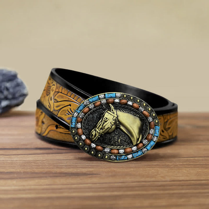 Men's DIY Horse Head Turquoise Buckle Leather Belt - Bronze - SandyBrown Belt (40) - image 16