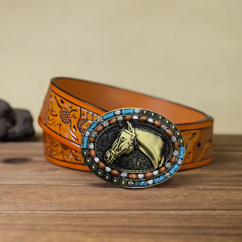 Men's DIY Horse Head Turquoise Buckle Leather Belt - Bronze - Orange Carved Belt (40) - image 18
