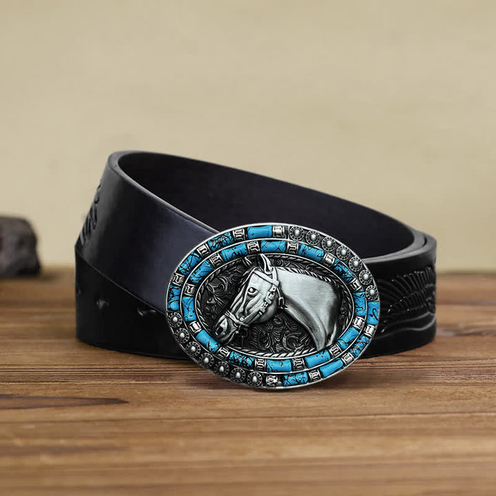 Men's DIY Horse Head Turquoise Buckle Leather Belt - Silver - Black Embossed Eagle Belt (40) - image 7
