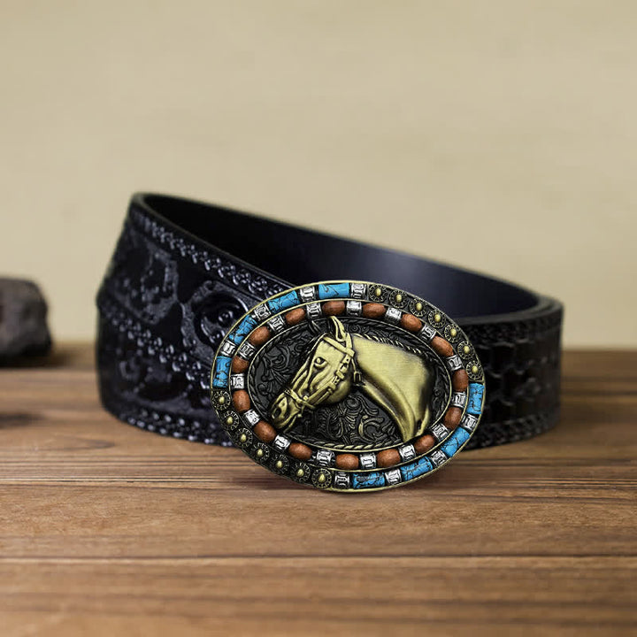 Men's DIY Horse Head Turquoise Buckle Leather Belt - Bronze - Black Carved Belt (40) - image 12