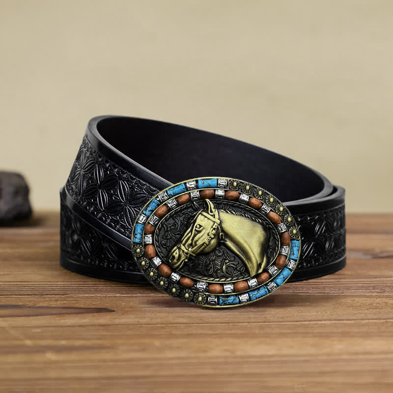 Men's DIY Horse Head Turquoise Buckle Leather Belt - Bronze - Black Embossed Weave Belt (40) - image 10