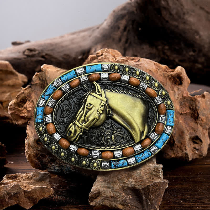 Men's DIY Horse Head Turquoise Buckle Leather Belt - Bronze - Without Belt - image 2