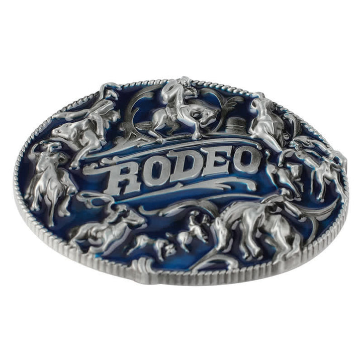 Men's DIY Blue Enamel Rodeo Bull Buckle Leather Belt - image 3