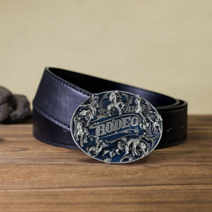 Men's DIY Blue Enamel Rodeo Bull Buckle Leather Belt - Rodeo - Black PU Belt (40) - image 5