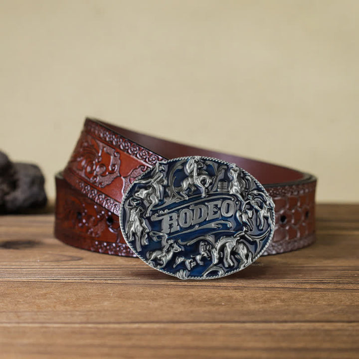 Men's DIY Blue Enamel Rodeo Bull Buckle Leather Belt - Rodeo - Brown Carved Belt (40) - image 13