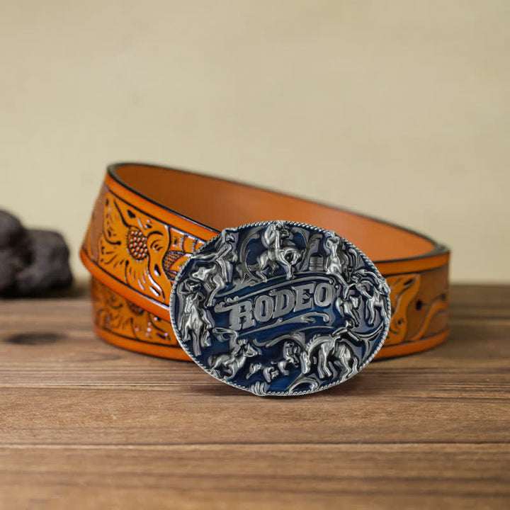 Men's DIY Blue Enamel Rodeo Bull Buckle Leather Belt - Rodeo - Orange Carved Belt (40) - image 17