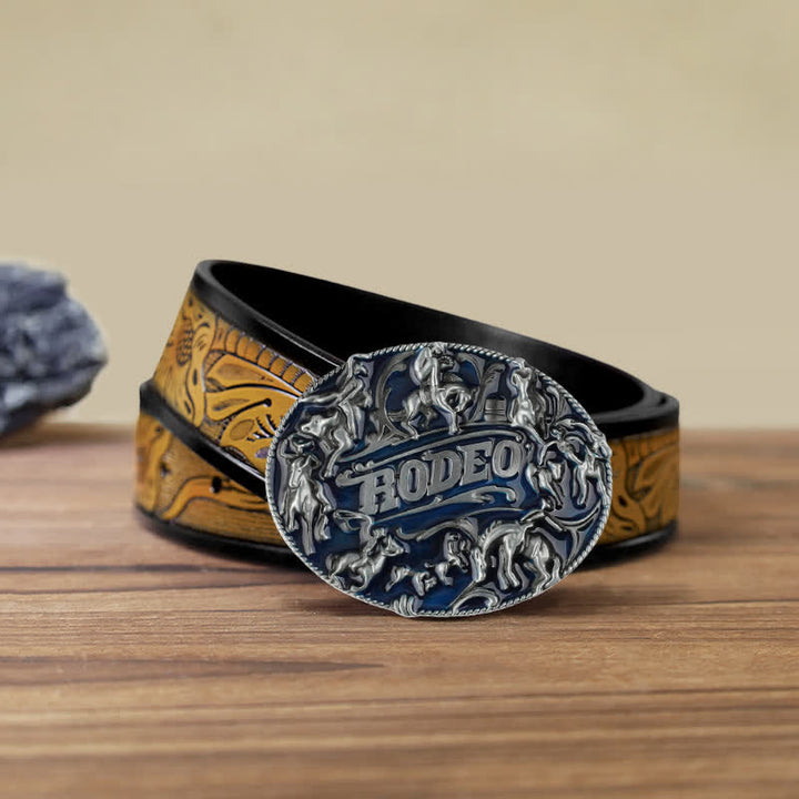 Men's DIY Blue Enamel Rodeo Bull Buckle Leather Belt - Rodeo - SandyBrown Belt (40) - image 15