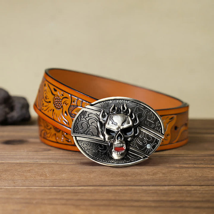Men's DIY Flame Skull Hidden Folding Knife Leather Belt
