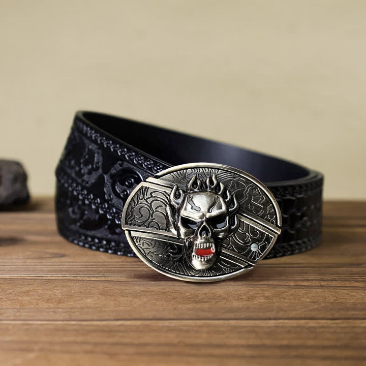 Men's DIY Flame Skull Hidden Folding Knife Leather Belt