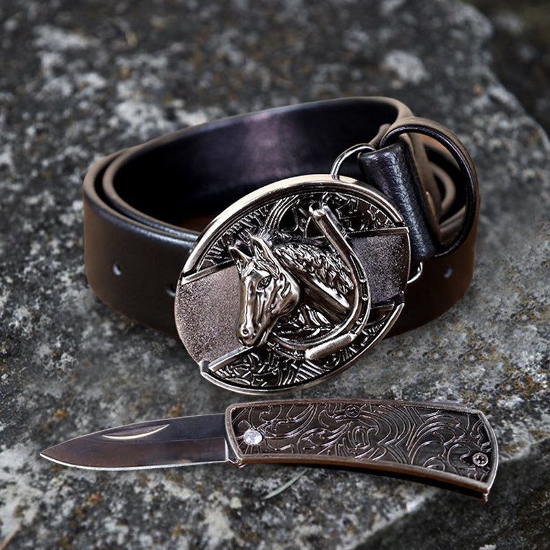 Men's Horse Head Leather Belt With Folding Knife - image 6