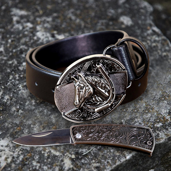 Men's Horse Head Leather Belt With Folding Knife - image 6
