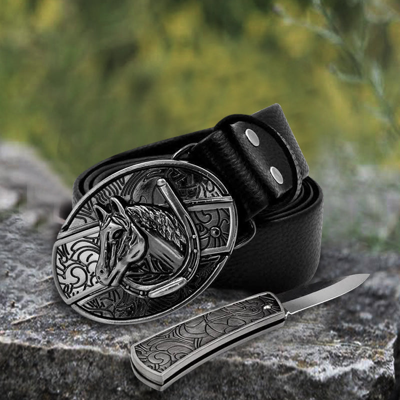 Men's Horse Head Leather Belt With Folding Knife - image 5