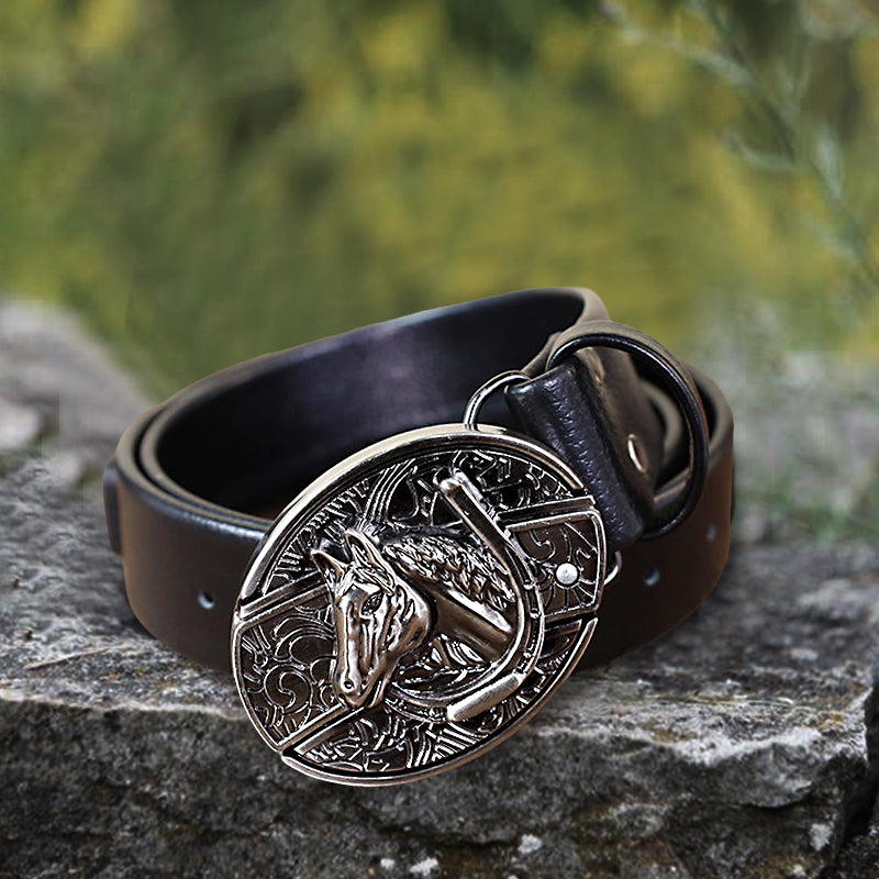 Men's Horse Head Leather Belt With Folding Knife - Horse Head - 46 - image 0