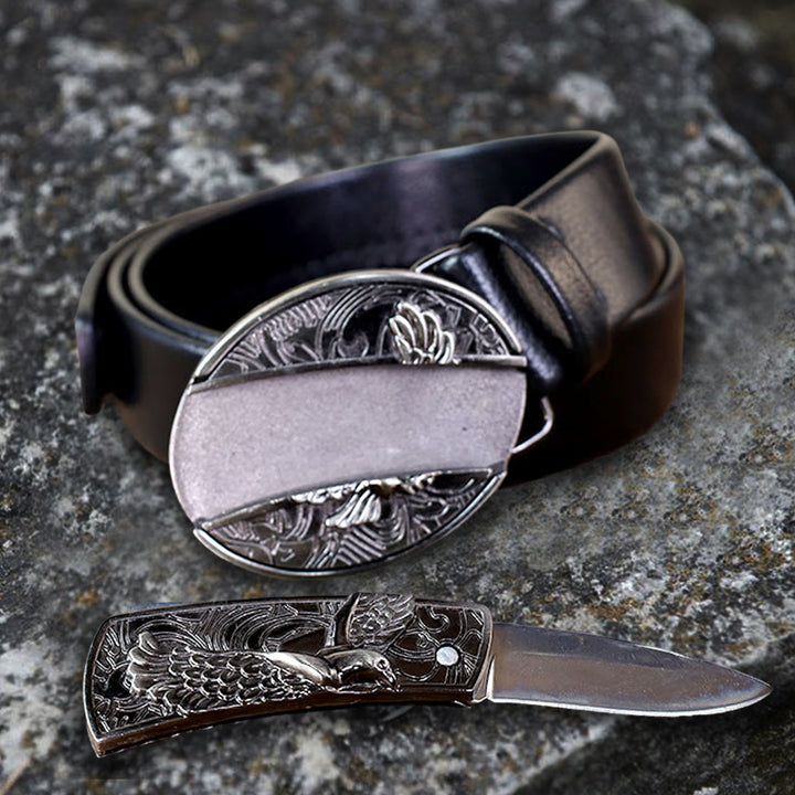 Men's Soaring Eagle Leather Belt With Folding Knife - image 2