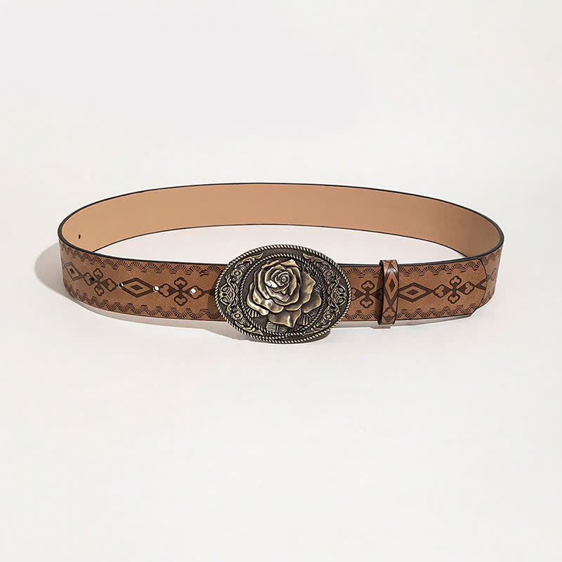 Western Style Rose Shaped Buckle Printed Leather Belt - image 9