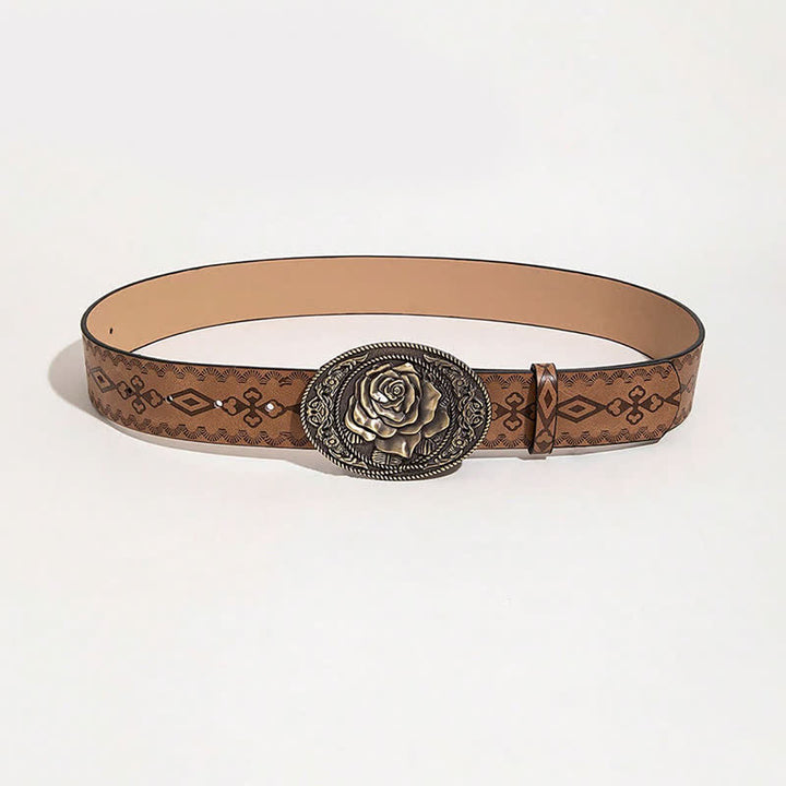 Western Style Rose Shaped Buckle Printed Leather Belt - image 9