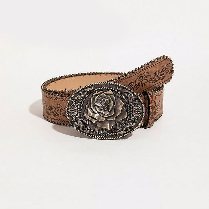 Western Style Rose Shaped Buckle Printed Leather Belt - Brown Flower - 40 - image 4