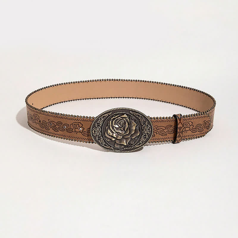 Western Style Rose Shaped Buckle Printed Leather Belt - image 6