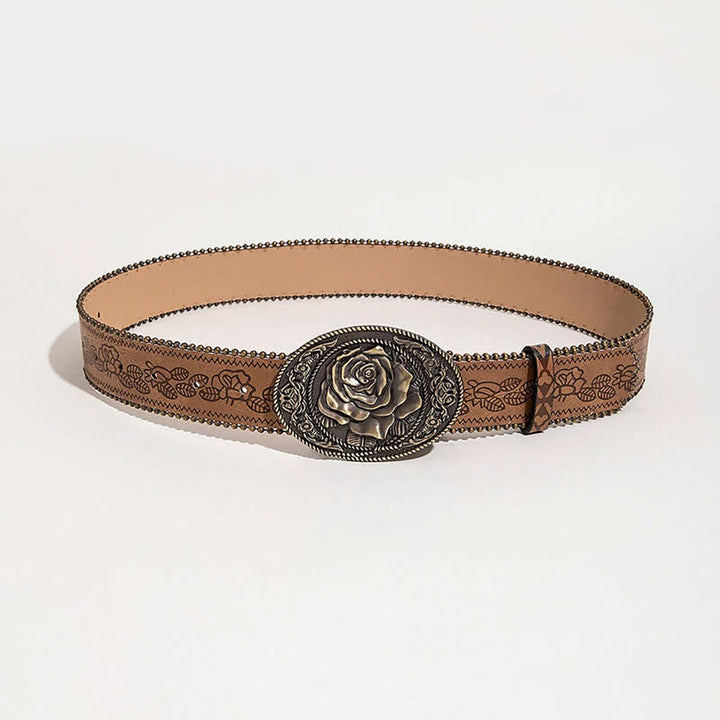 Western Style Rose Shaped Buckle Printed Leather Belt - image 6