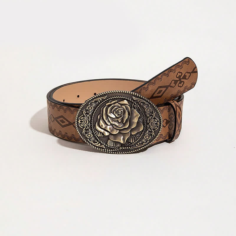 Western Style Rose Shaped Buckle Printed Leather Belt - Brown Diamond - 40 - image 7