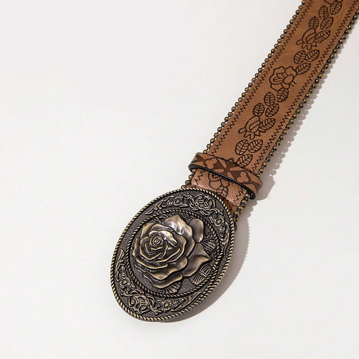 Western Style Rose Shaped Buckle Printed Leather Belt - image 5