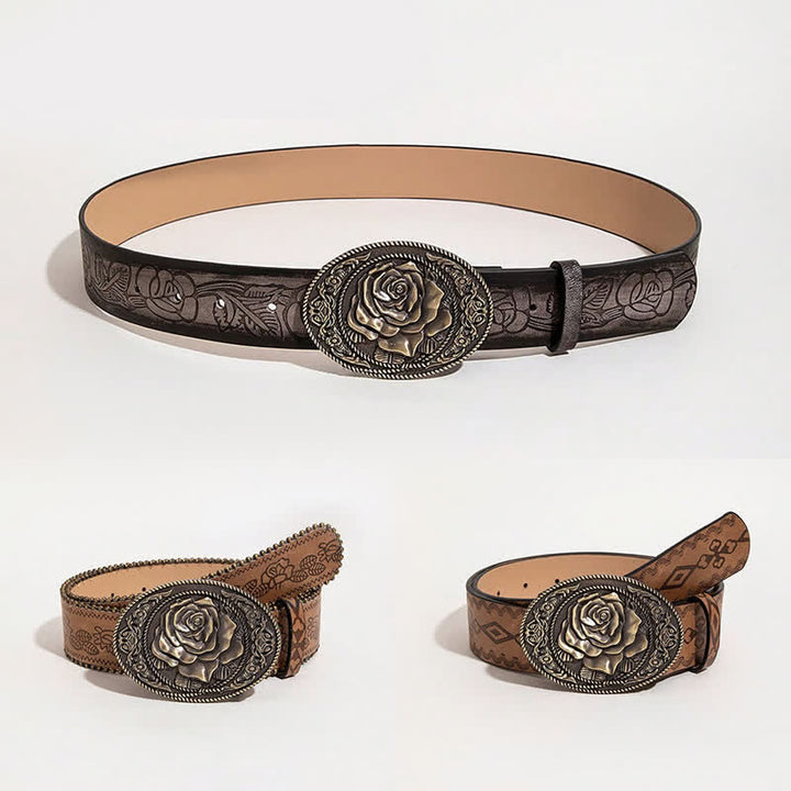 Western Style Rose Shaped Buckle Printed Leather Belt - image 1