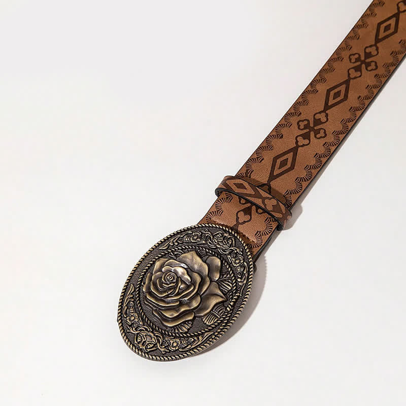 Western Style Rose Shaped Buckle Printed Leather Belt - image 8