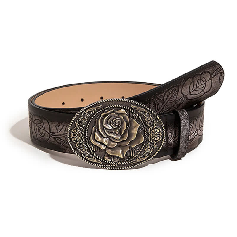 Western Style Rose Shaped Buckle Printed Leather Belt - RosyBrown - 46" - image 0