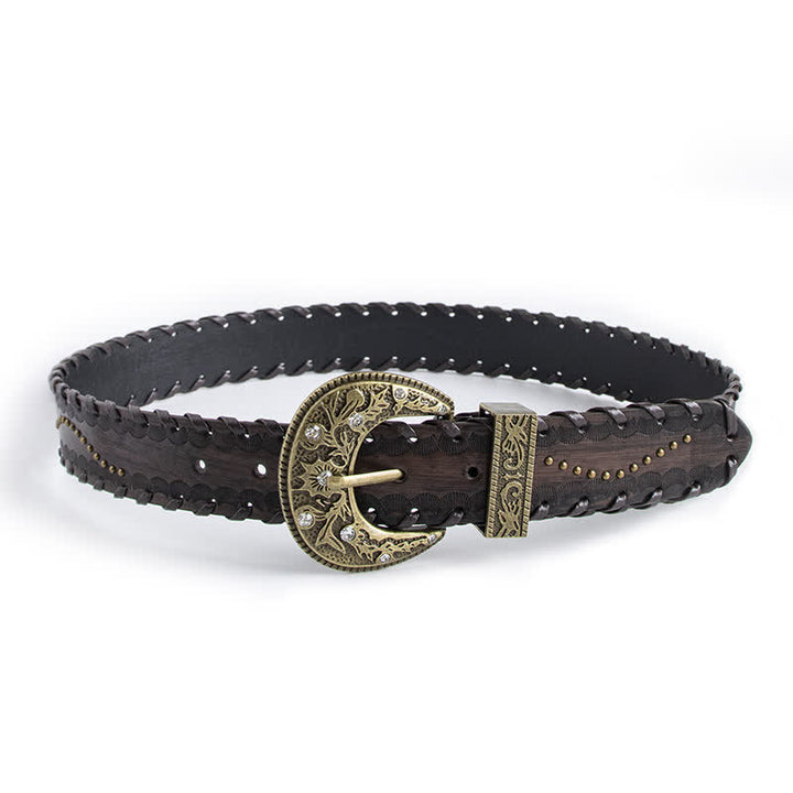 Women's Retro Rhinestone Rivet Embossed Leather Belt - Coffee - 32 - image 0
