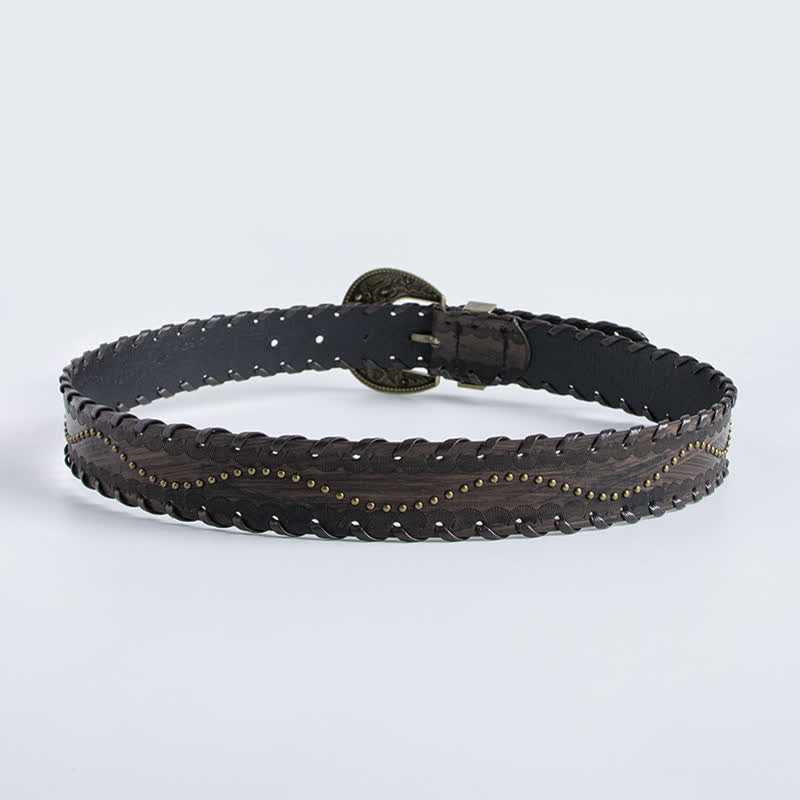 Women's Retro Rhinestone Rivet Embossed Leather Belt - image 5