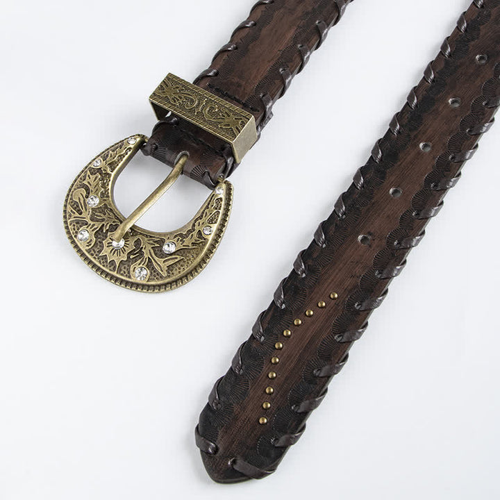 Women's Retro Rhinestone Rivet Embossed Leather Belt - image 2