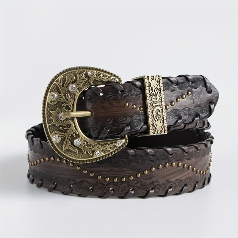 Women's Retro Rhinestone Rivet Embossed Leather Belt - image 1