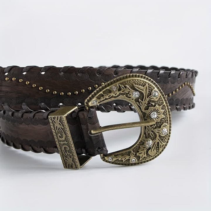 Women's Retro Rhinestone Rivet Embossed Leather Belt - image 3