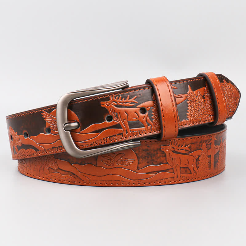 Men's Embossed Deer Animal Pattern Leather Belt - Orange - 40 - image 0