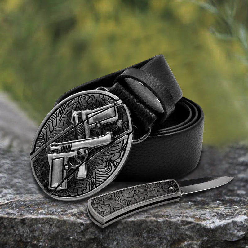 Men's Double Gun Leather Belt With Folding Knife - image 2