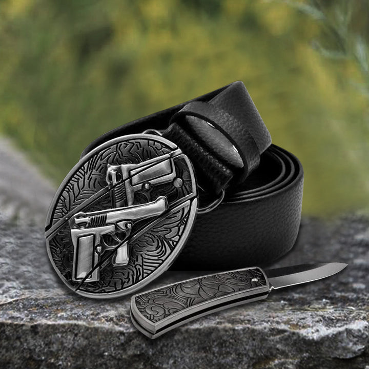 Men's Double Gun Leather Belt With Folding Knife - image 2