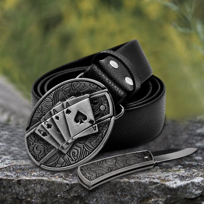 Men's Poker 4 Ace Leather Belt With Folding Knife - image 4