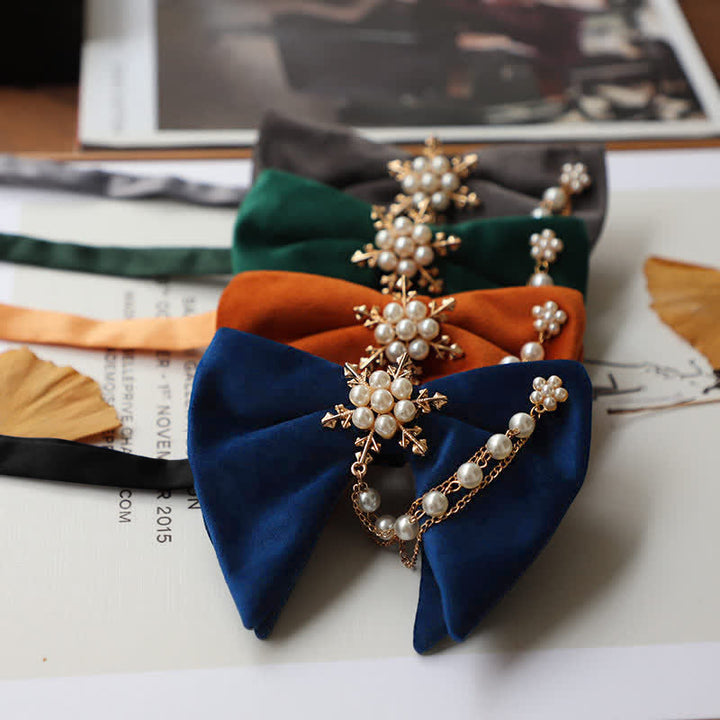 Men's Snowflake Pearl Chain Velvet Bow Tie Pocket Square