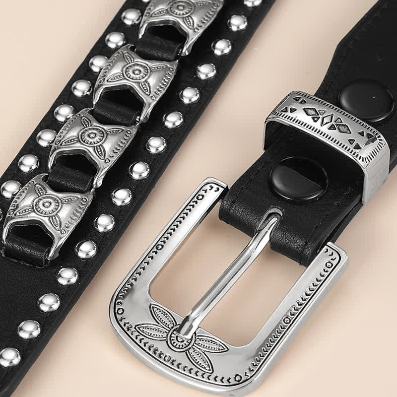 Western Concho Rivet Carved Buckle Leather Belt - image 3