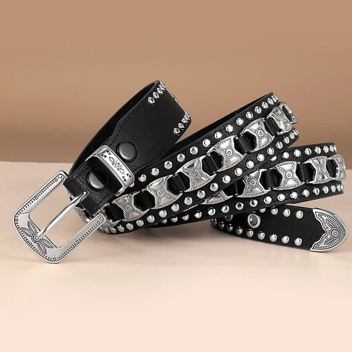 Western Concho Rivet Carved Buckle Leather Belt - image 1