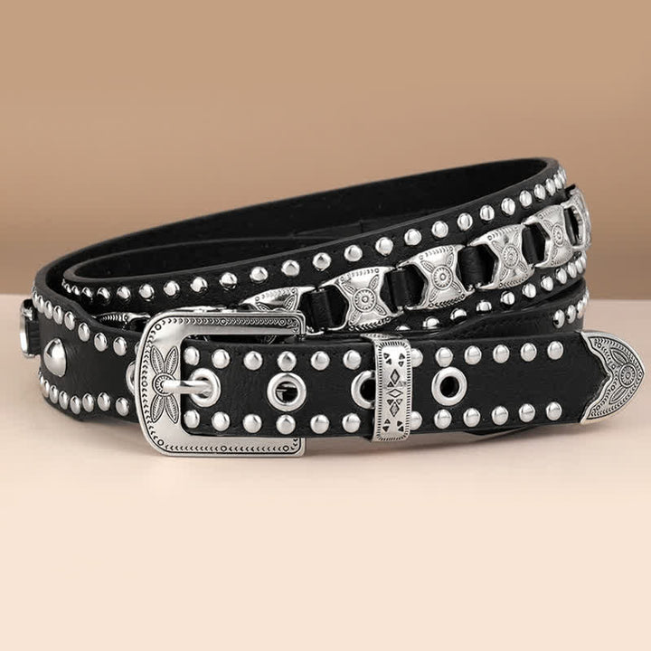 Western Concho Rivet Carved Buckle Leather Belt - image 2