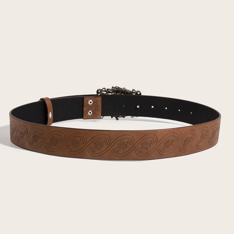 Women's Camel Tone Floral Buckle Leather Belt - image 3