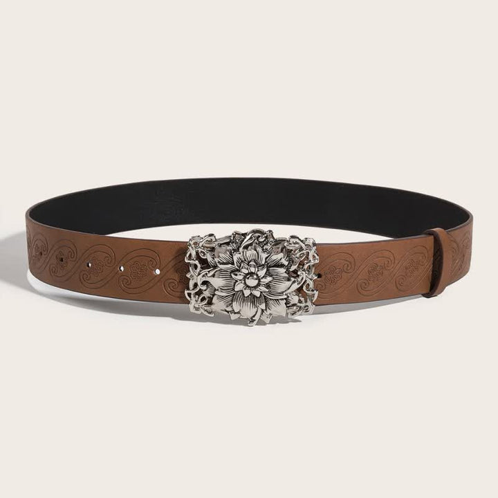Women's Camel Tone Floral Buckle Leather Belt - image 2