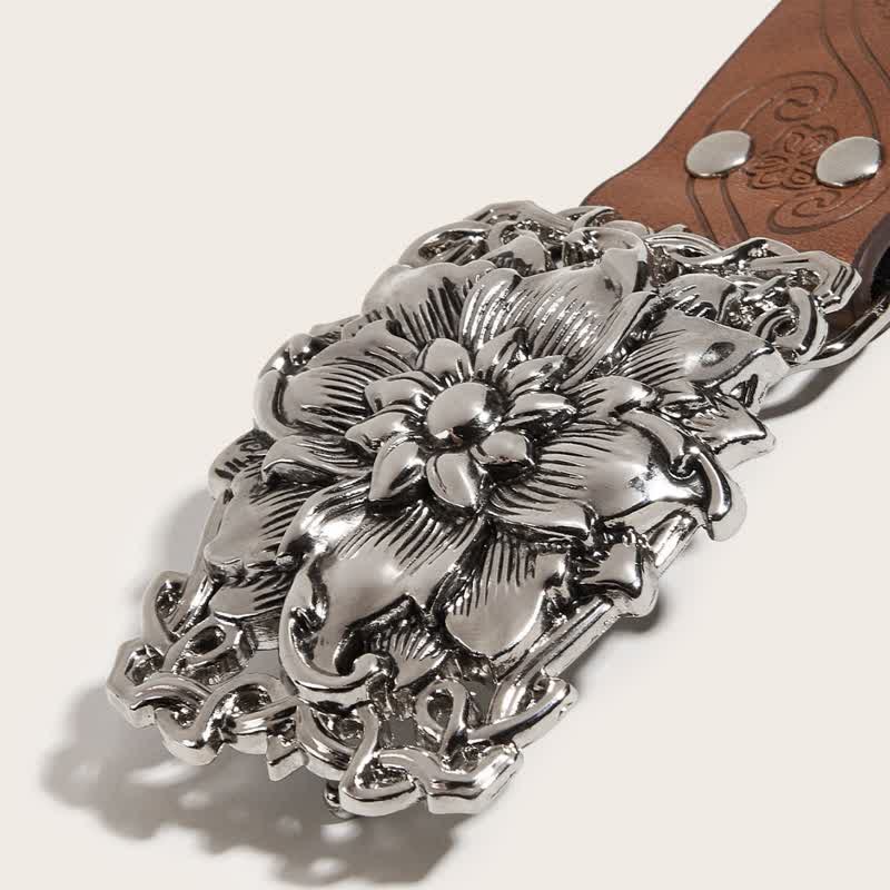 Women's Camel Tone Floral Buckle Leather Belt - image 1