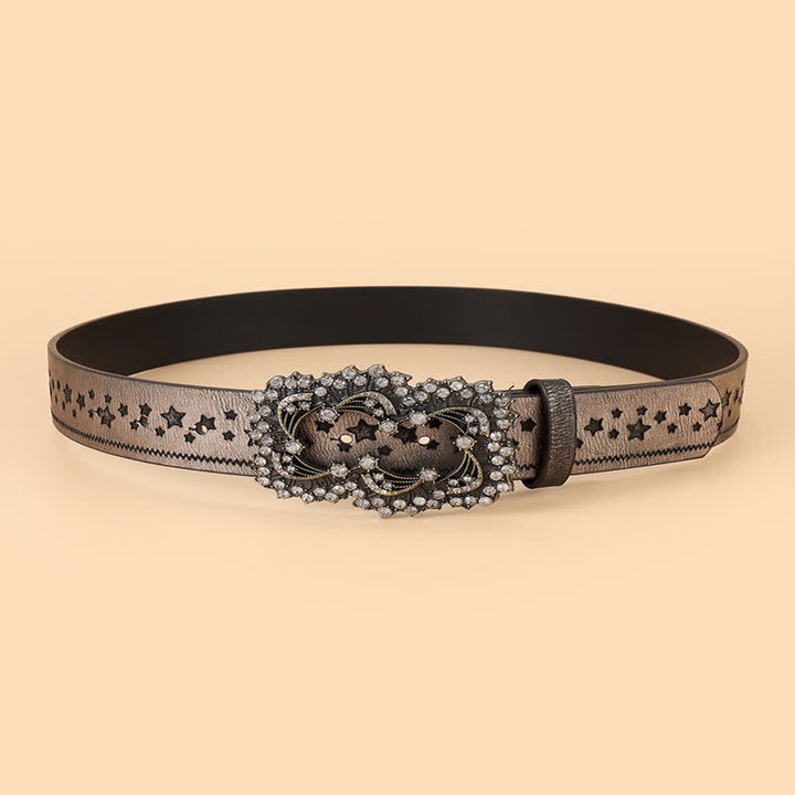 Women's Rhinestone Pentagram Embossing Leather Belt - image 2