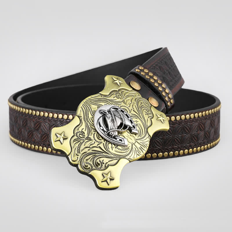 Men's Western Horse Relief Rivet Studded Leather Belt - image 1