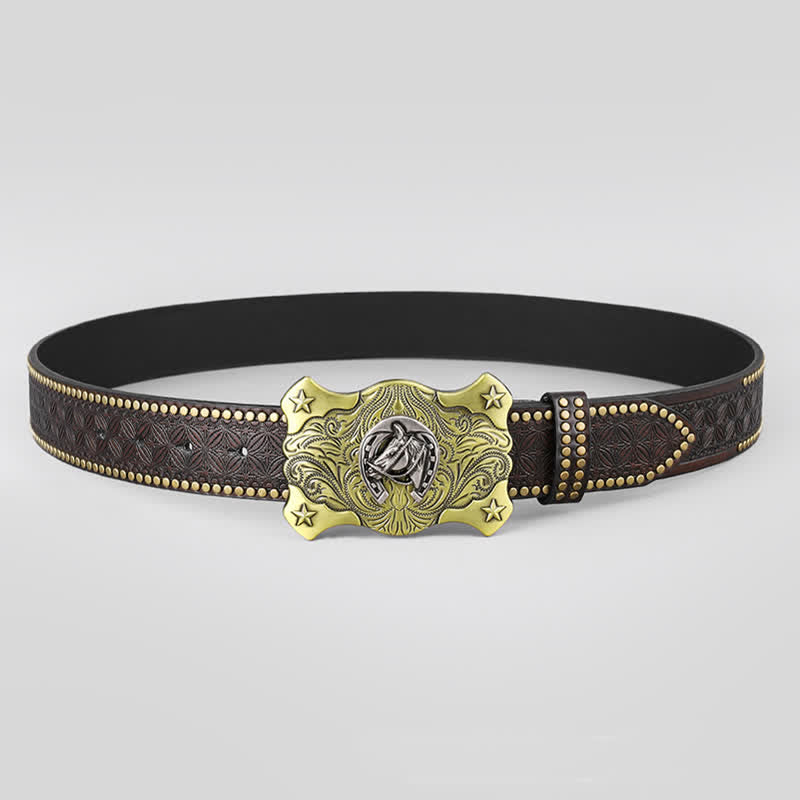 Men's Western Horse Relief Rivet Studded Leather Belt - image 2